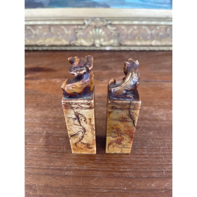 1970s Pair of Hand-Carved Chinese Soapstone Zodiac Seals - Monkey and Ox With Landscape Engravings. For Sale - Image 5 of 10