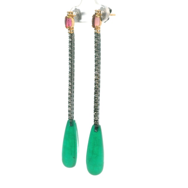 Green Italian 18k Two-Tone Tourmaline and Diamond Long Drop Earrings, Pair For Sale - Image 8 of 11