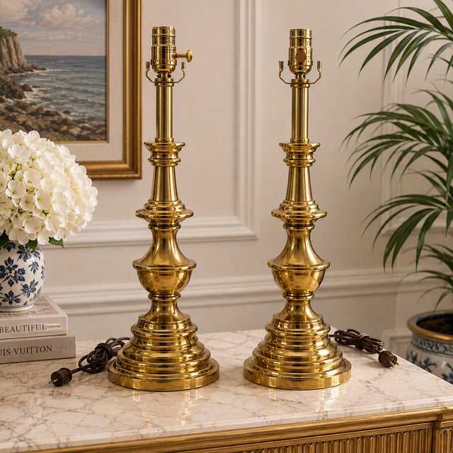 Stiffel Vintage Hollywood Regency Stiffel Solid Brass Tall Table Lamps – a Pair For Sale - Image 4 of 4