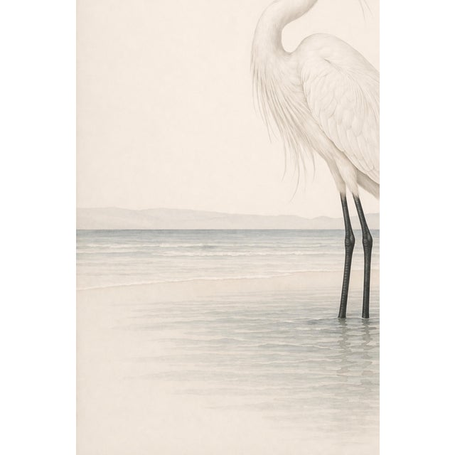 White Egret Coastal Study, Neutral Bird Wall Art Print, 24″ × 36″ Reproduction For Sale - Image 9 of 10