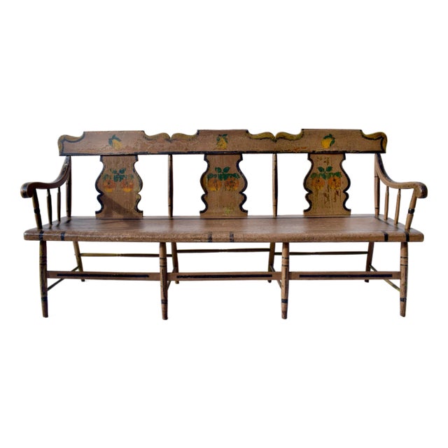 A delightful single board plank bench professionally restored with careful attention to the original hand painted Folk Art...