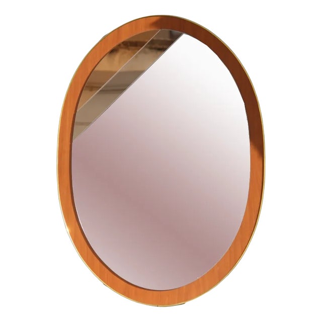 Oval Italian Mirror in Wood & Golden Aluminum, 1960s For Sale
