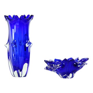 Cobalt Blue Art Glass Set by Jaroslav Taraba for Lednické Rovne, Czechoslovakia, 1960s, Set of 2 For Sale