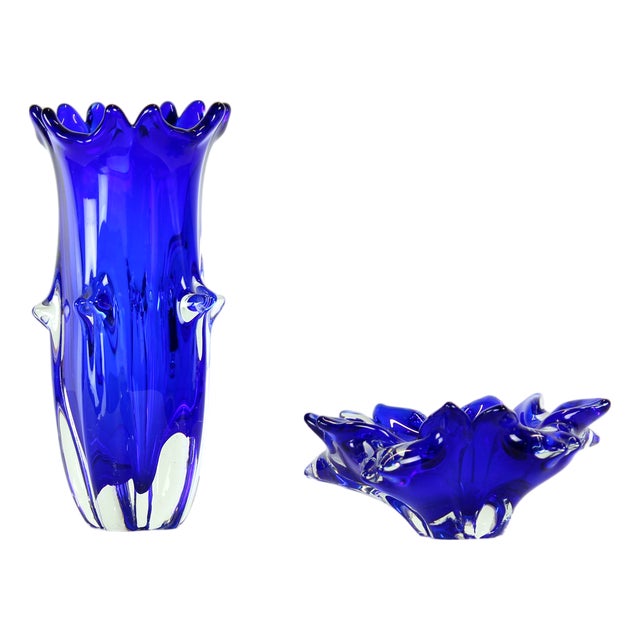 Cobalt Blue Art Glass Set by Jaroslav Taraba for Lednické Rovne, Czechoslovakia, 1960s, Set of 2 For Sale