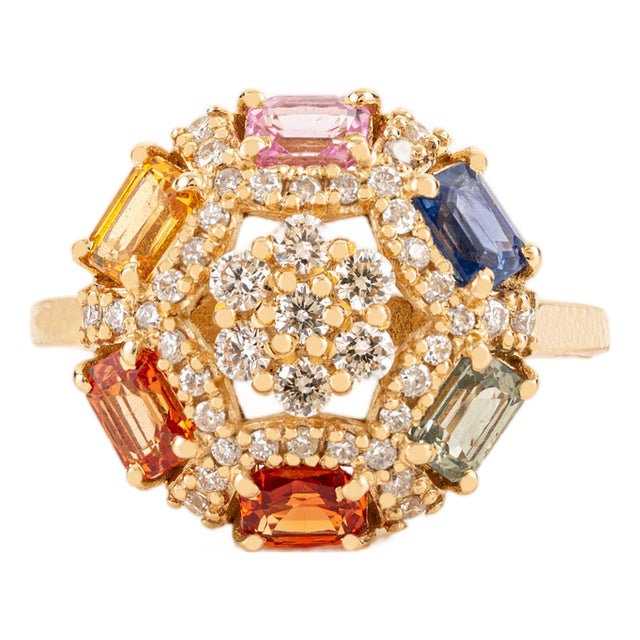 Retro Style 1.73 CTW Multicolor Sapphire & Diamond Cluster Ring Size 6.5 in 14k Yellow Gold For Sale