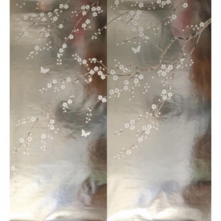 Silver Leaf Chinoiserie Hand-Painted White Plum Blossom Wall Panels (Set of 2) For Sale