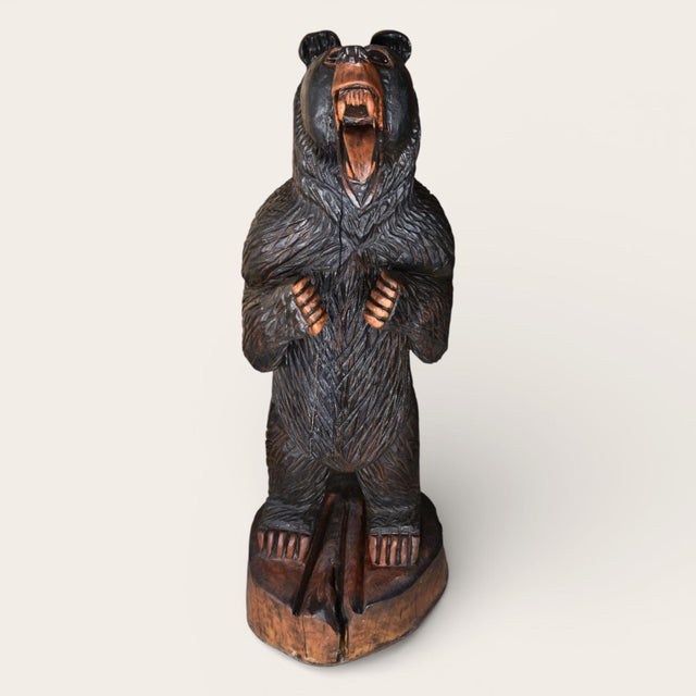 American Life Size 6 Foot Handcrafted Wood Carved Black Bear Sculpture For Sale - Image 3 of 16
