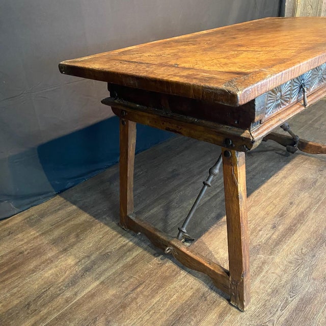 Antique Spanish Baroque Walnut Writing Table Console With Iron Stretchers For Sale - Image 10 of 11