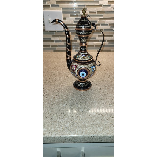 Boho Chic Vintage Turkish Copper & Enamel Evil Eye Ewer | Hand-Painted Nazar Decorative Vessel, 1970s For Sale - Image 3 of 10