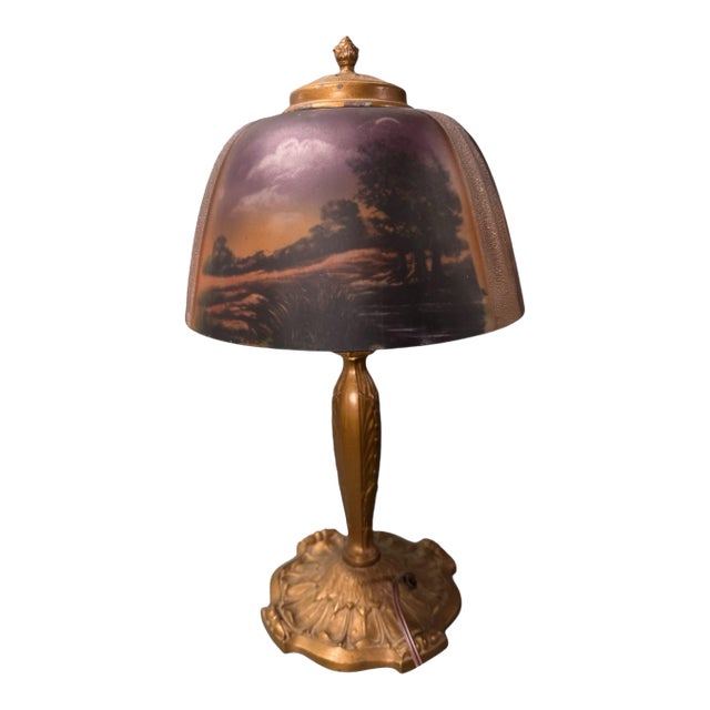 Vintage Antique Reverse Painted Landscape Panel Table Lamp For Sale
