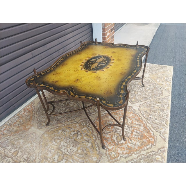 1990s Iron Faux Bois Maitland Smith Style Coffee Table Features a Double Curved X Base. For Sale - Image 11 of 15