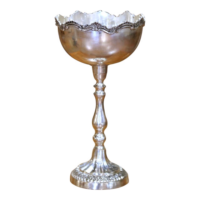 Mid-Century French Silvered Brass Candle Holder With Ornate Rim and Fluted Base For Sale