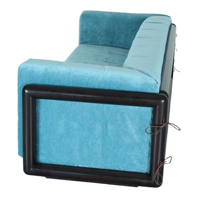 Iroko Cornaro Sofa in Wood and Azure Velvet by by Carlo Scarpa for Studio Simon, 1974 For Sale - Image 10 of 18