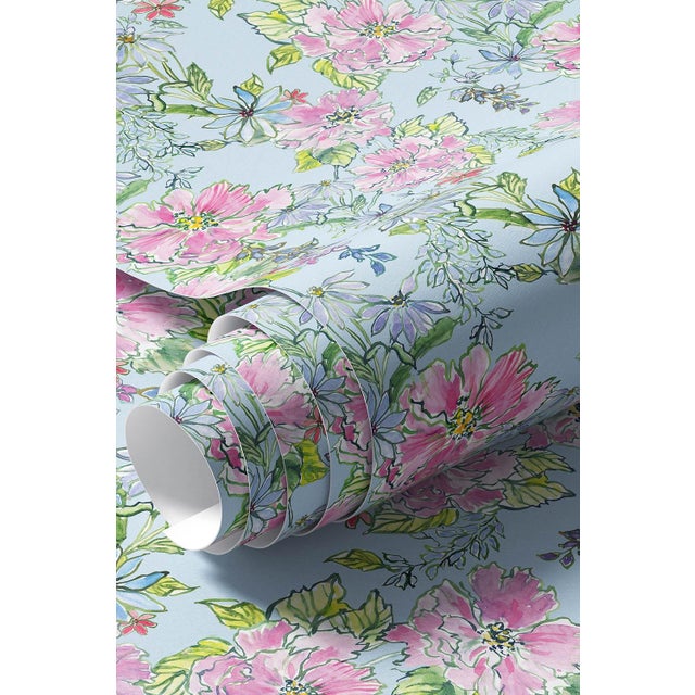 Painter's Garden Blue Floral Grasscloth Wallpaper by House Party | 6 Yards For Sale - Image 9 of 9