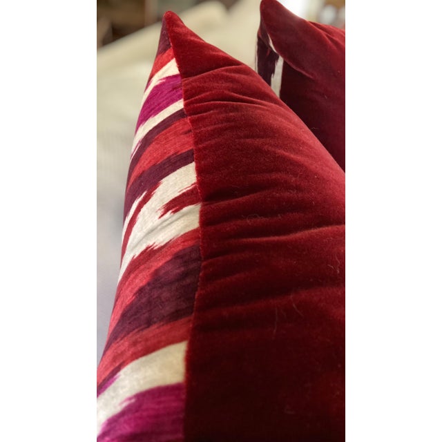 Burgundy Pair of 22" Custom Schumacher Kashgar Ikat Velvet Pillows Pattern 176102 in Ruby Plum For Sale - Image 8 of 18