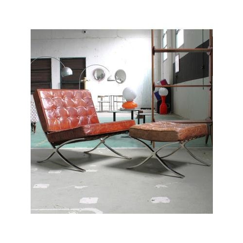 Set of Barcelona Armchair by Ludwig Mies van der Rohe and Ottoman from Knoll, 2008 For Sale - Image 16 of 16