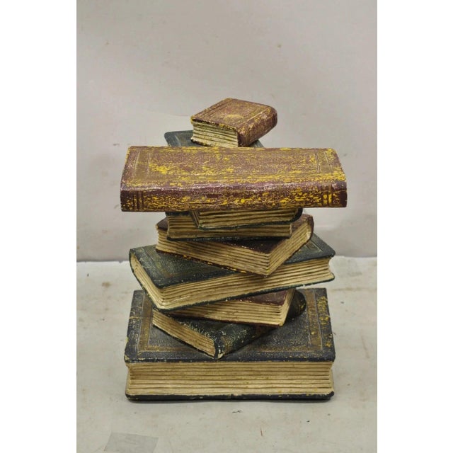Vintage Regency Style Figural Faux Stacked Book Form Round Glass Top Side Table For Sale - Image 11 of 11