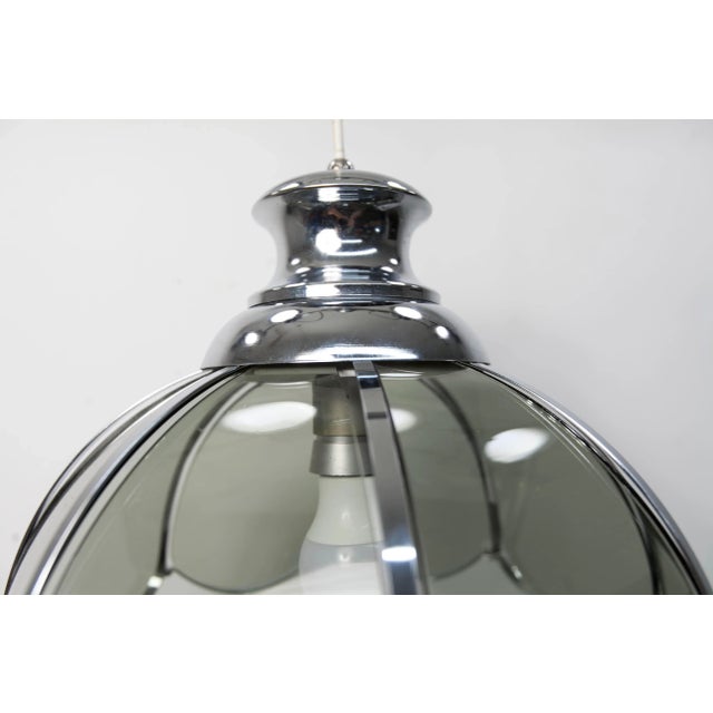 Industrial Floral Pendant Lamp in Chromed Metal and Grayed Glass, 1970 For Sale - Image 3 of 14