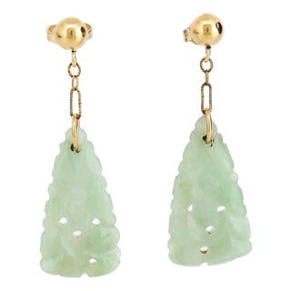 Vintage Chinese 14k Gold & Carved Jadeite Dangle/Drop Earrings For Sale