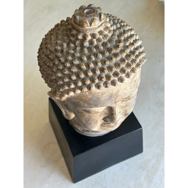 Wood Antiqued Buddha Head Sculpture on Black Pedestal - Modern Zen Decor For Sale - Image 7 of 8