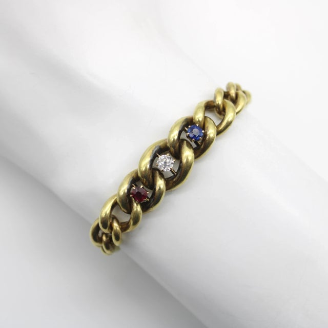 14K Gold Edwardian Graduated Curb Link Bracelet with Ruby, Diamond & Sapphire For Sale - Image 4 of 7