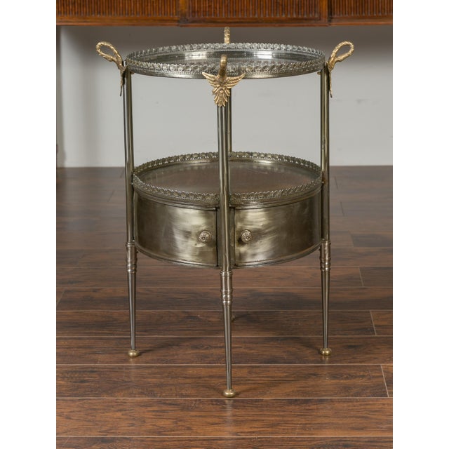 Metal Vintage Italian Steel and Bronze Circular Side Table with Swan Necks and Doors For Sale - Image 7 of 12