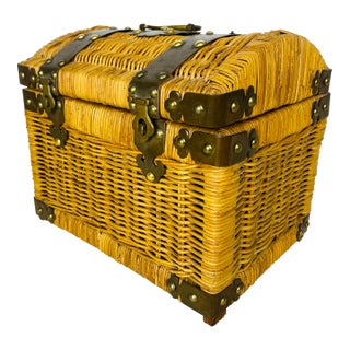 Vintage French Country Wicker and Brass Casket. For Sale