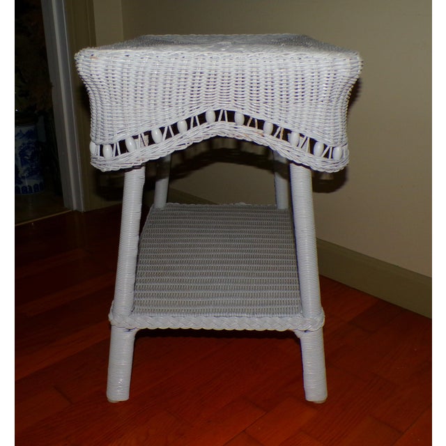 Vintage White Draped Wicker Rattan Sculpted Beaded Coffee Table Plant Stand For Sale - Image 10 of 18