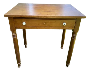 Antique Solid Maple Farmhouse Table With Drawer, Turned Legs, Rustic Desk