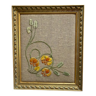 1910s Framed Antique Art Nouveau Silk Floral Embroidery on Linen For Sale