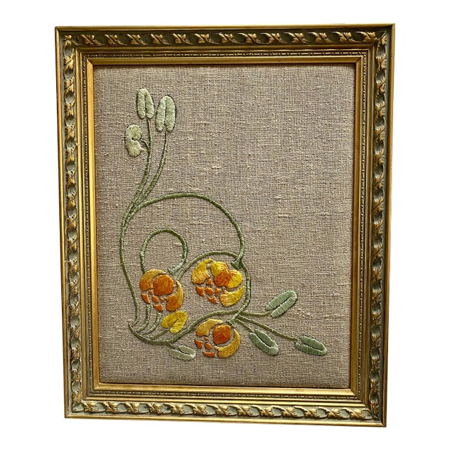 1910s Framed Antique Art Nouveau Silk Floral Embroidery on Linen For Sale