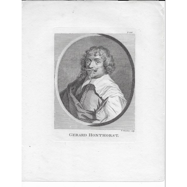 18th century engraving portrait of the Dutch painter Gerard Honthorst (1592-1656). Engraved by Thomas Chambers (c....