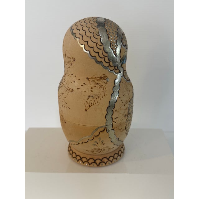 Metal Signed Soviet Russian Matryoshka Nesting Doll Set W/ Pyrography Decor 6.25” Tall For Sale - Image 7 of 12