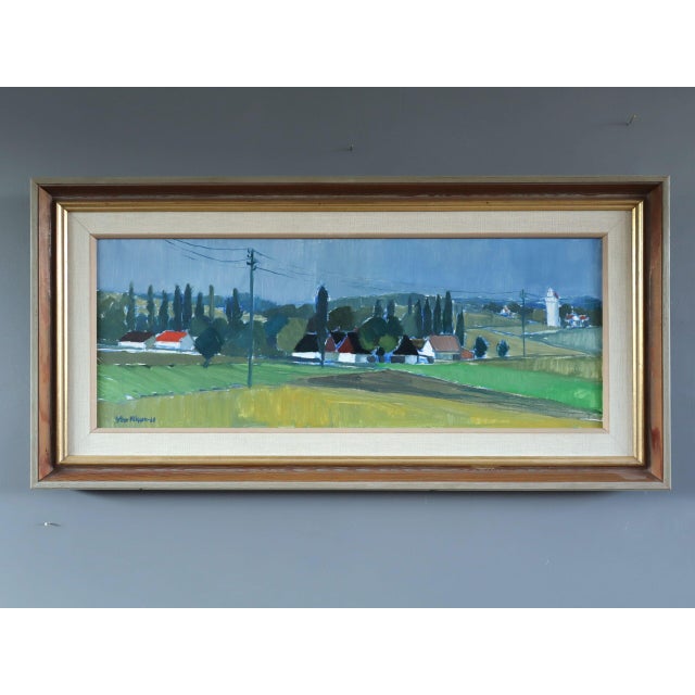 ACROSS THE COUNTRYSIDE Size: 15.2 x 30.9 inches (including frame) Oil on canvas A serene mid-century landscape that...