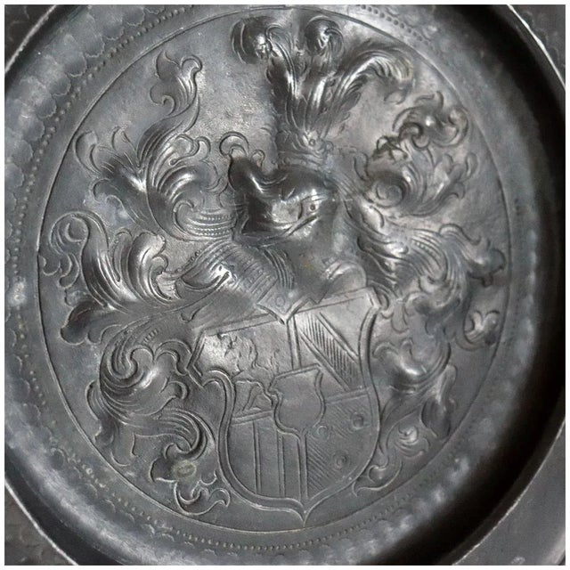 Traditional German Pewter Repousse and Chased Armorial Reeded Edge Plate For Sale - Image 3 of 6