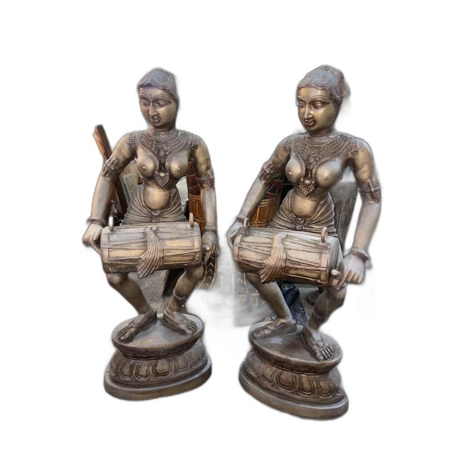 Vintage 1930s Aspara Musical Ladies Playing Dholak Indian Bronze Statues - Set of 2 For Sale - Image 10 of 10