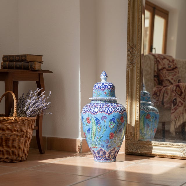 Handmade Ceramic Grand Shah Jar (60cm) Azure Blue Background Red Tulips Temple Jar For Sale - Image 4 of 7