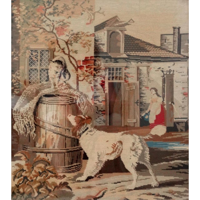 19th-Century Victorian woolwork embroideries featuring a child and pets of an idealized country life. Dates to about 1870,...
