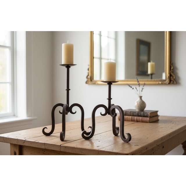This vintage pair of wrought iron candle holders features a scrolled design and heavy construction, reminiscent of...