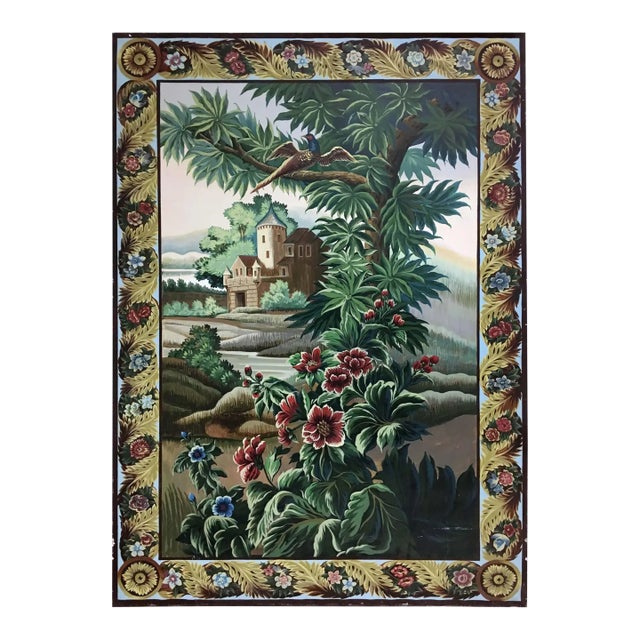 Vintage Hand-Painted Decorative Painting – French Tapestry Scene on Canvas Panel For Sale