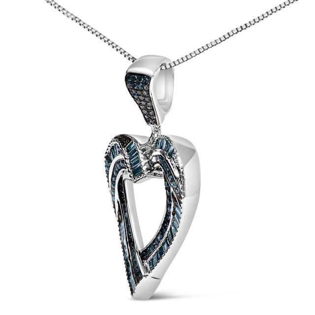 Haus of Brilliance .925 Sterling Silver 1.00 Cttw Baguette and Round Blue Diamond Open Heart Pendant Necklace For Sale - Image 4 of 4