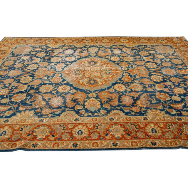 1960s 1960s Vintage Persian Distressed Handmade Floral Blue Wool Rug For Sale - Image 5 of 7