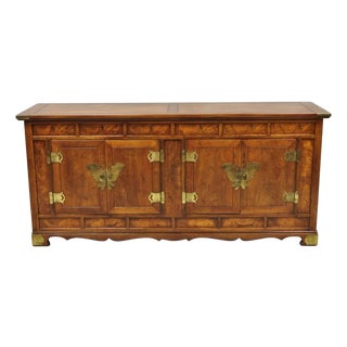 Vintage Henredon Chinoiserie Brass Butterfly Burl Wood Credenza Cabinet Buffet For Sale