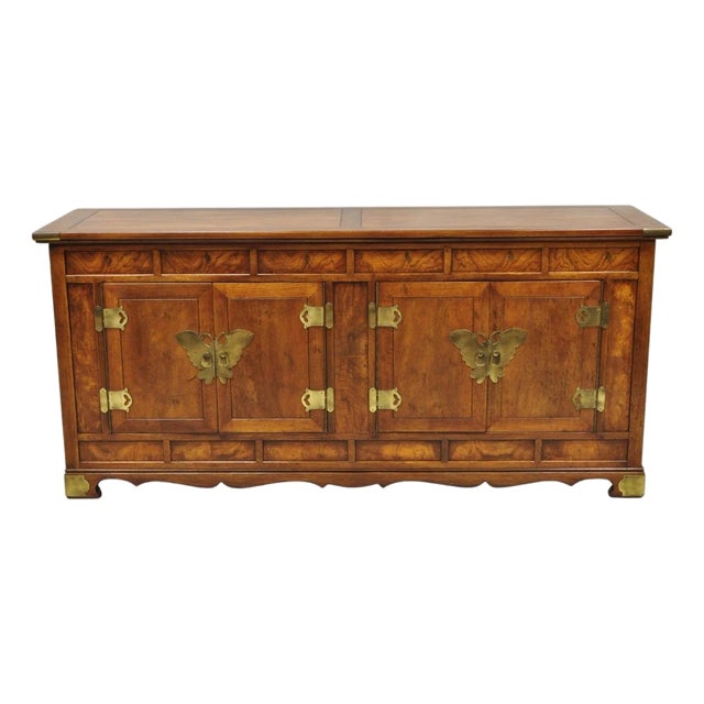 Vintage Henredon Chinoiserie Brass Butterfly Burl Wood Credenza Cabinet Buffet For Sale
