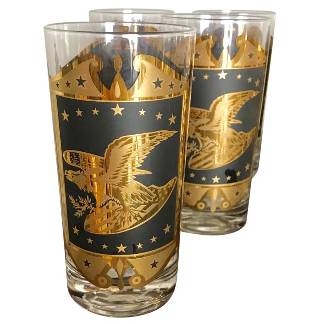 Vintage Americana Eagle Design Gilt Highball Glasses - Set of 7 For Sale
