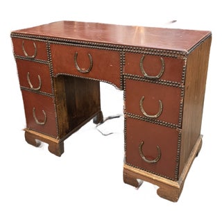 Mid-Century Western Campaign Leather-Clad Horseshoe Desk For Sale