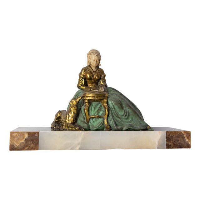 French Art Deco Onyx & Polychrome Pewter Reading Woman with Dog, 1930 For Sale