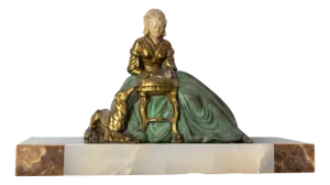 French Art Deco Onyx & Polychrome Pewter Reading Woman with Dog, 1930