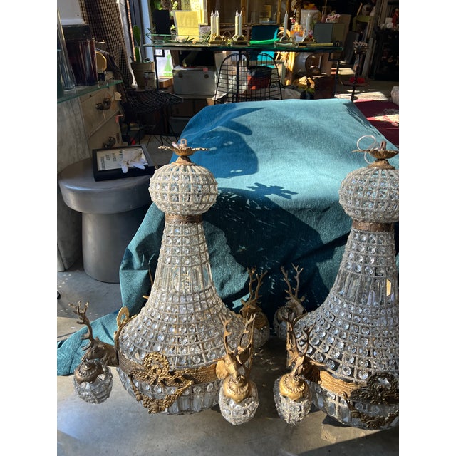 Pair of Gold Deer Head Hollywood Regency Chandeliers For Sale - Image 4 of 6