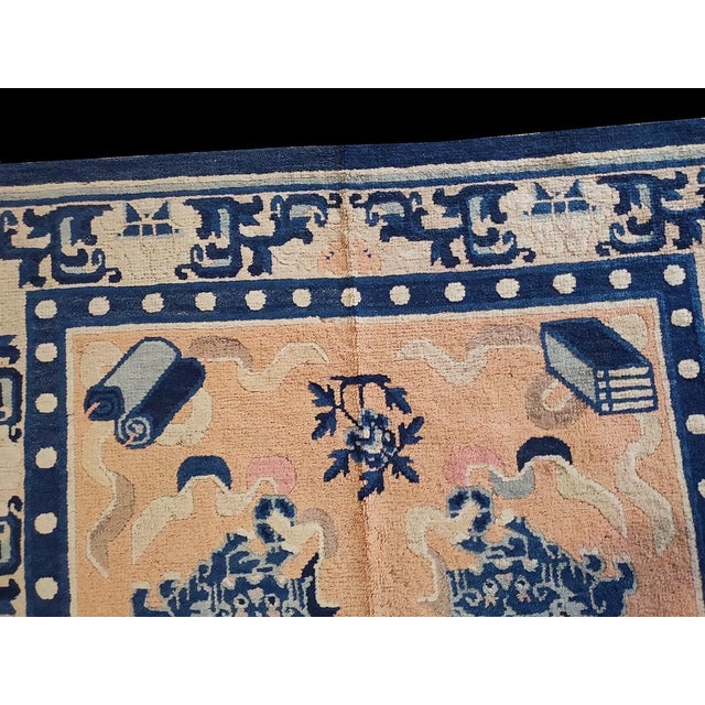 Chinese 1890s Orange Peach Qing Antique Chinese Ningxia Rug 4' 6" X 6' Handknotted Wool Carpet For Sale - Image 3 of 4